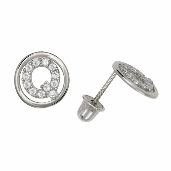 14K Solid White Gold 8mm Letter Initial Halo CZ Stud Alphabet Earrings - Picture 16 of 16